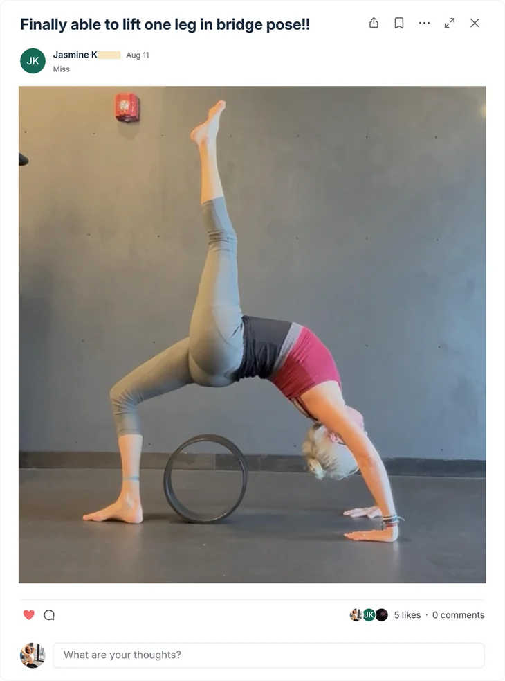 Jasmine — Finally able to lift one leg in bridge pose!