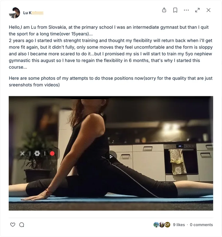 Lu — former gymnast from Slovakia, 15 years off, regaining the flexibility to train her nephew