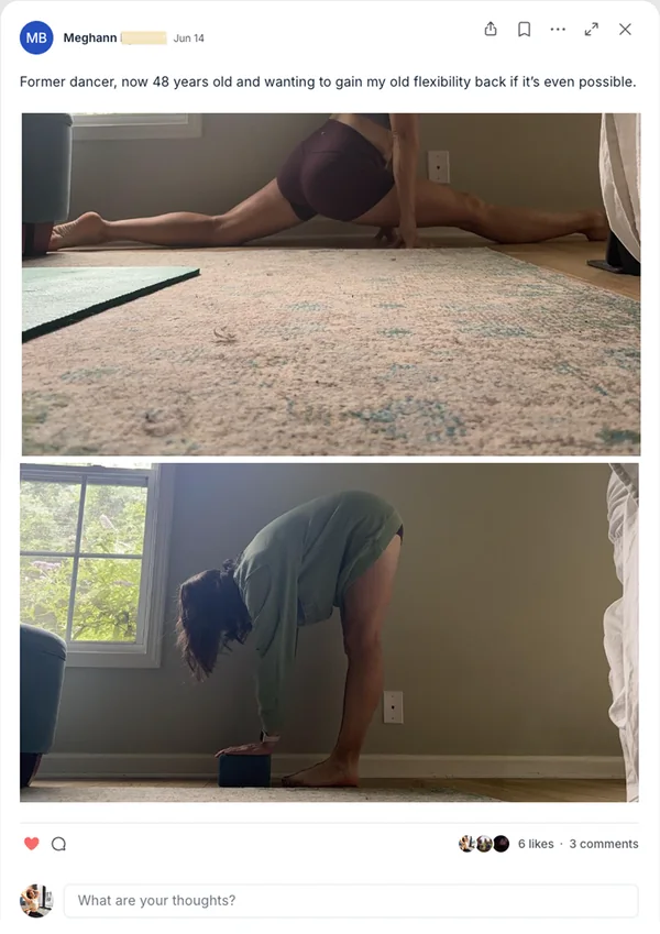 Meghann — former dancer, 48, getting her flexibility back